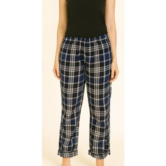 Brandy Melville pants checkered plaid straight leg blue/gray elastic waist SZ SM - Picture 1 of 9